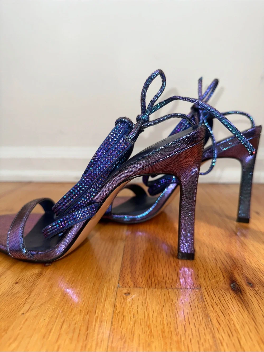 Iridescent Blue/Purple Lace-Up Heeled Sandals - Picture 4 of 10